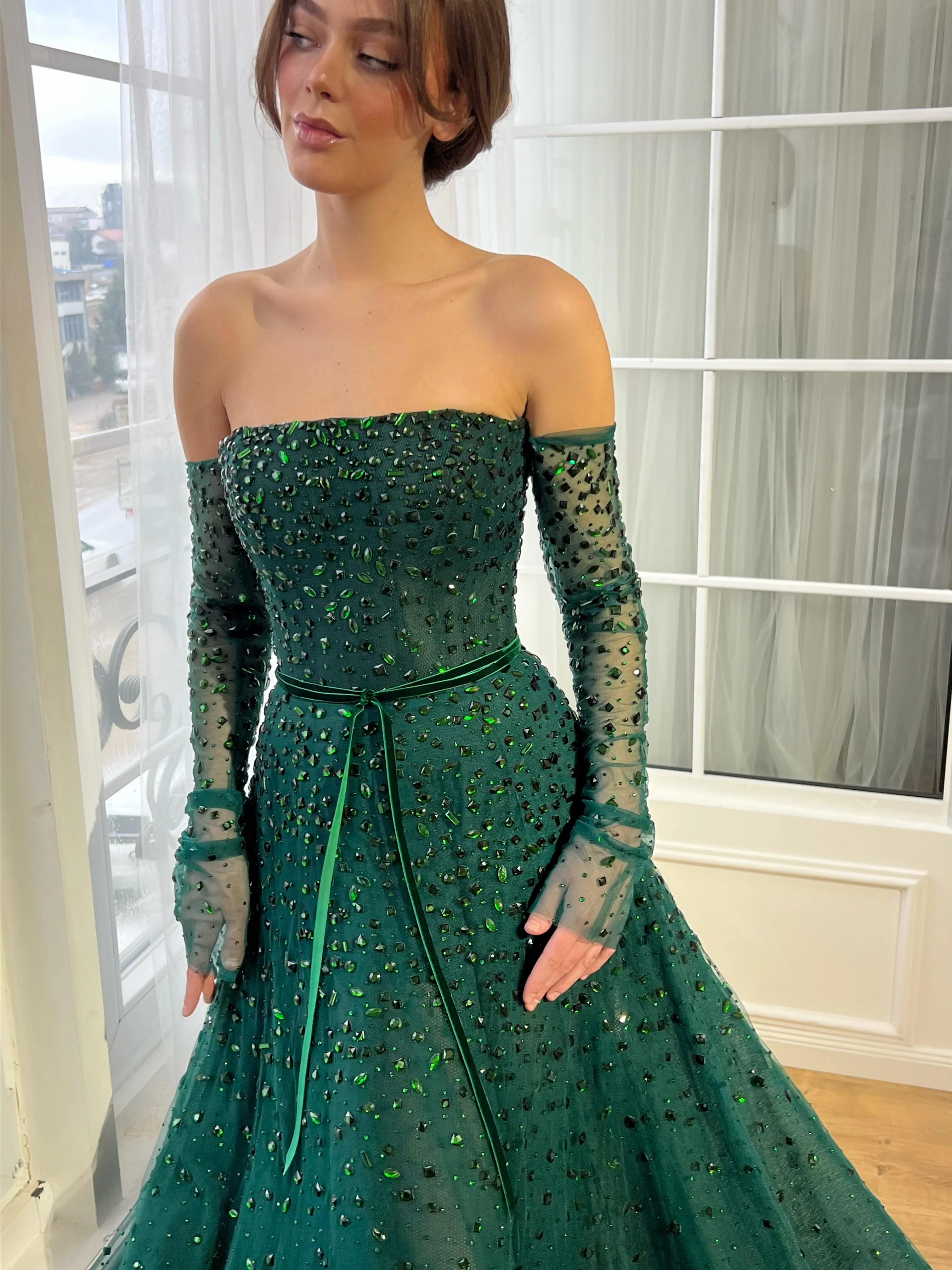 Green Gemstone Off-Shoulder Gown