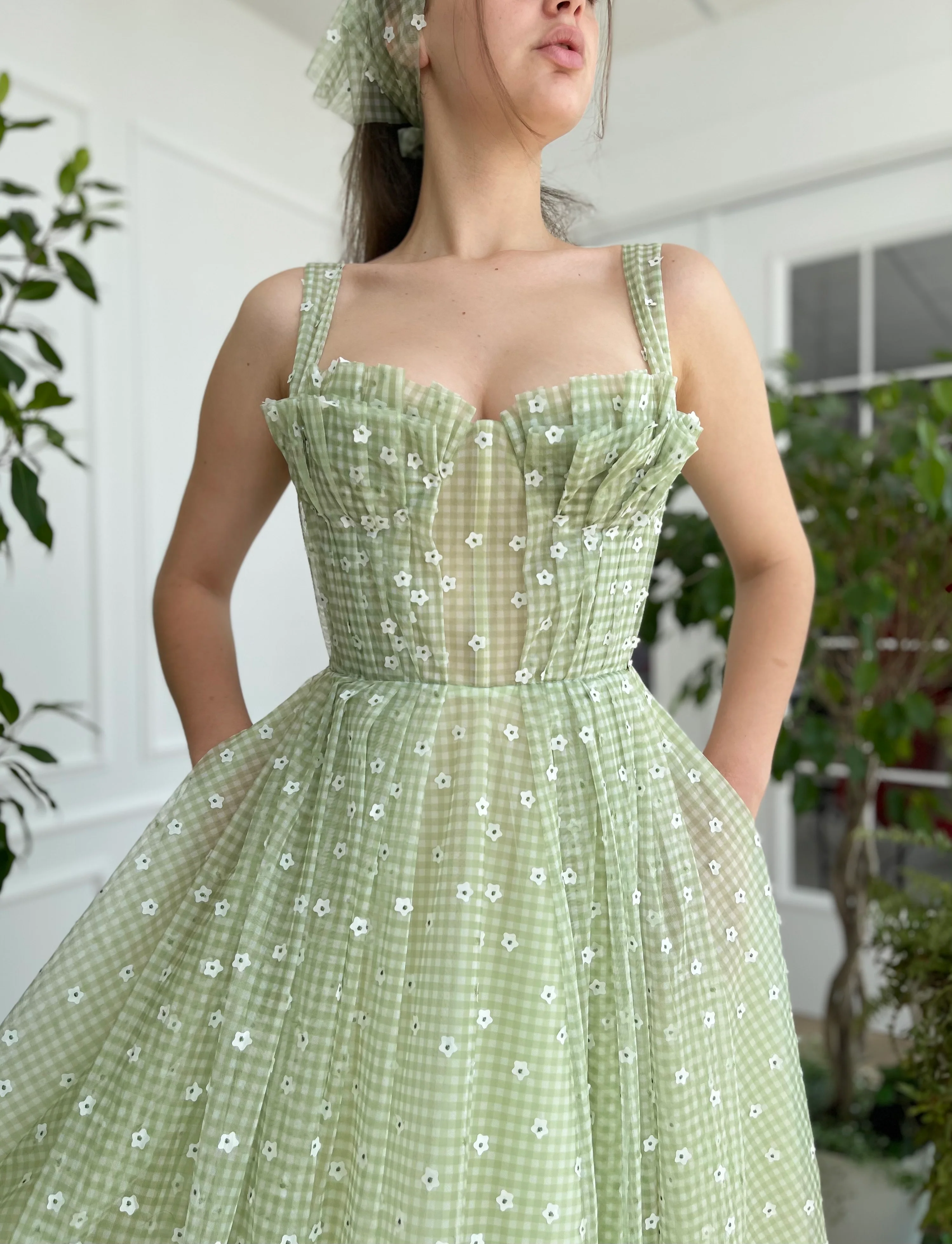 Draped Green Gingham Dress - Image 3
