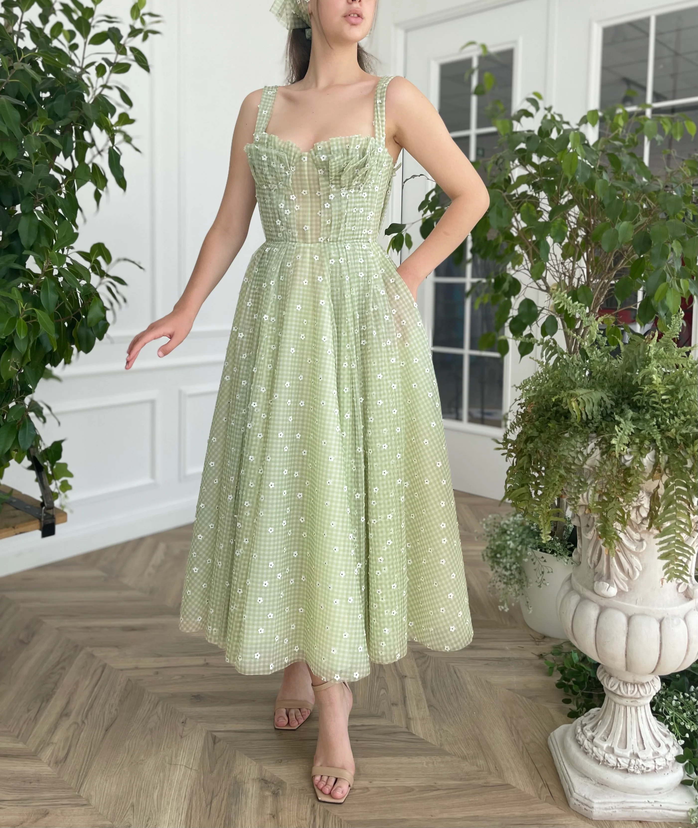 Draped Green Gingham Dress - Image 4