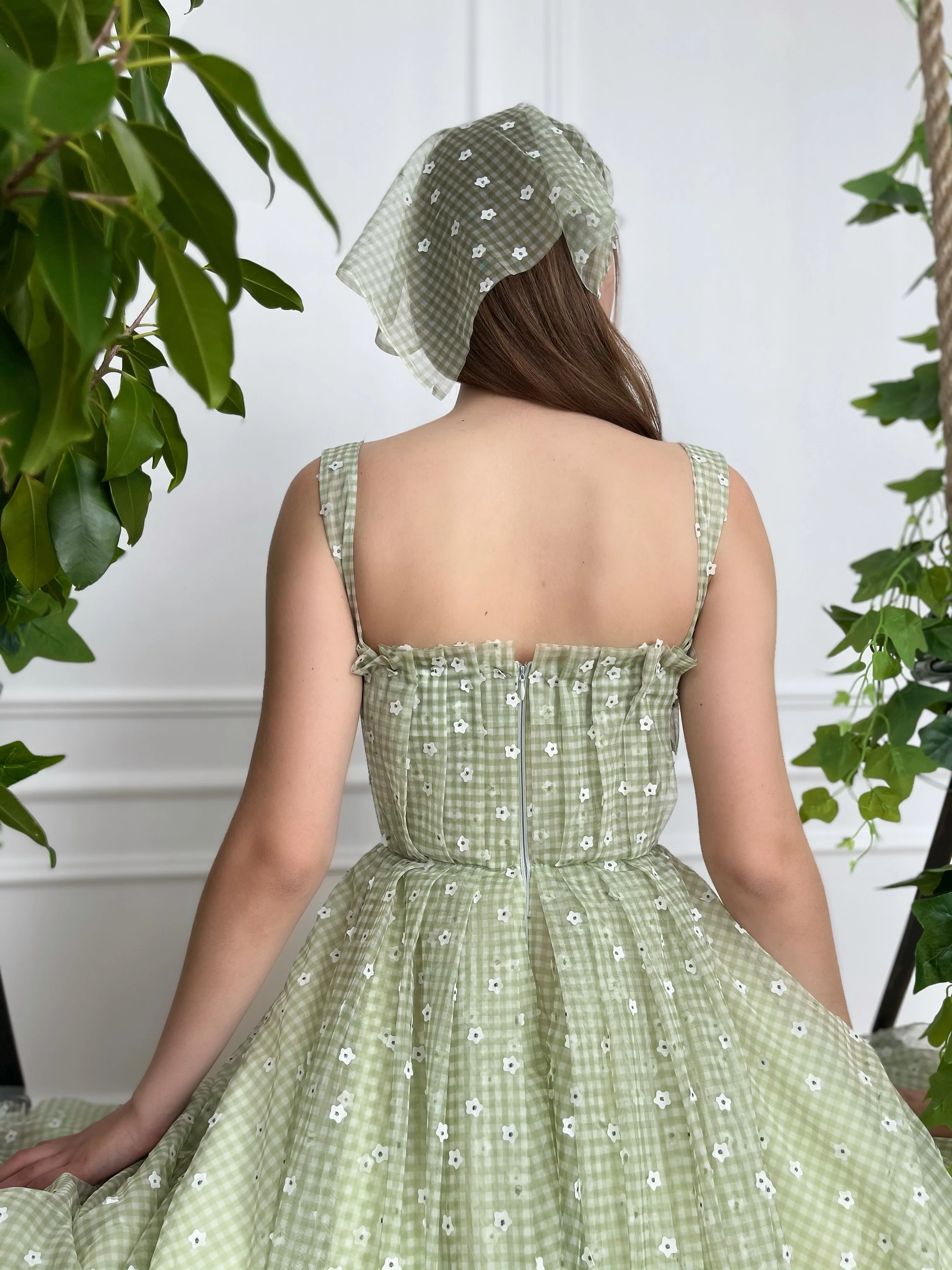 Draped Green Gingham Dress - Image 5